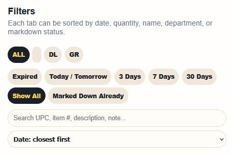 Grocery Date Tracker filters sample